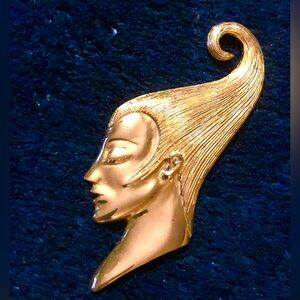 10364 VTG Signed M Jent Golden Josephine Baker Profile 1980s Brooch Swoosh HAIR